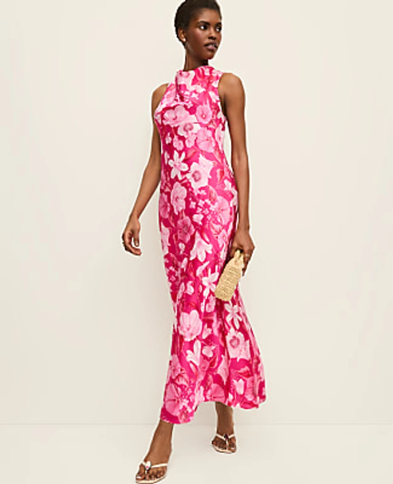 Ann Taylor Floral Satin Halter Dress Bougainvillea Women's