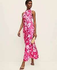 Ann Taylor Floral Satin Halter Dress Bougainvillea Women's
