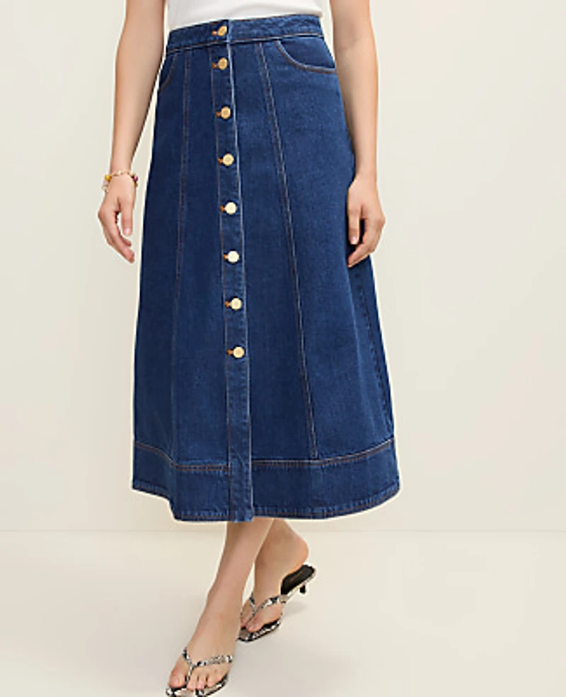 Ann Taylor Buttoned Denim Midi Skirt Effie Wash Women's