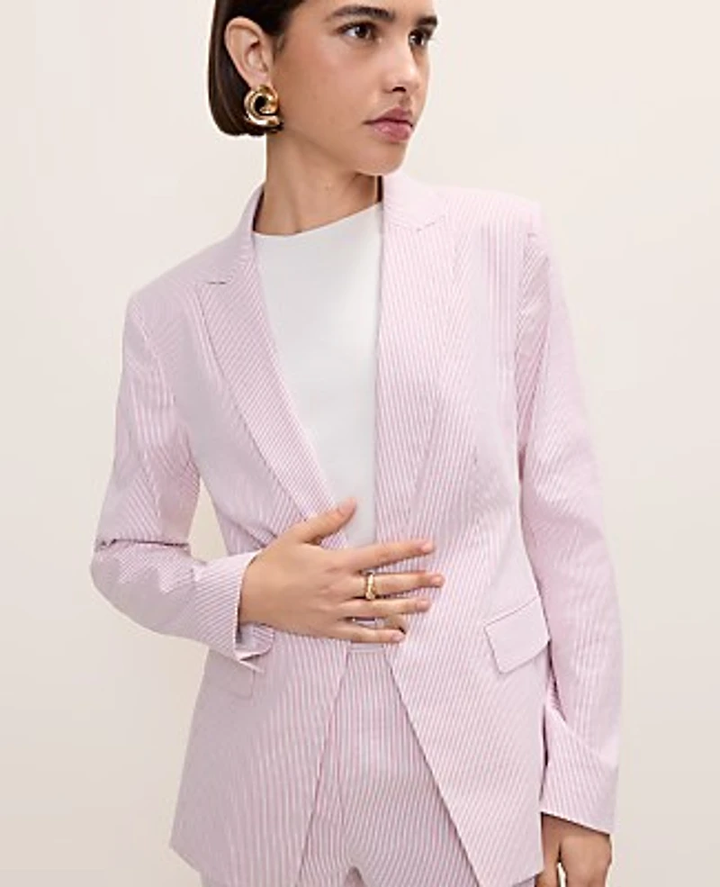 Ann Taylor The Single Button Blazer in Seersucker Size 2 Pink/White Combo Women's