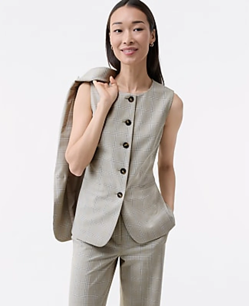 Ann Taylor The Petite Long Crew Neck Vest Plaid Tan/Blue Combo Women's