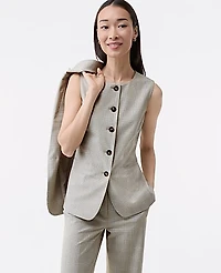 Ann Taylor The Petite Long Crew Neck Vest Plaid Tan/Blue Combo Women's