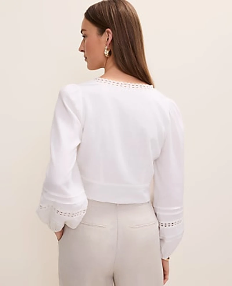 Ann Taylor Embroidered V-Neck Blouse Linen Blend White Women's