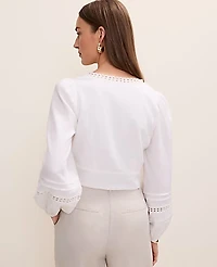 Ann Taylor Embroidered V-Neck Blouse Linen Blend White Women's