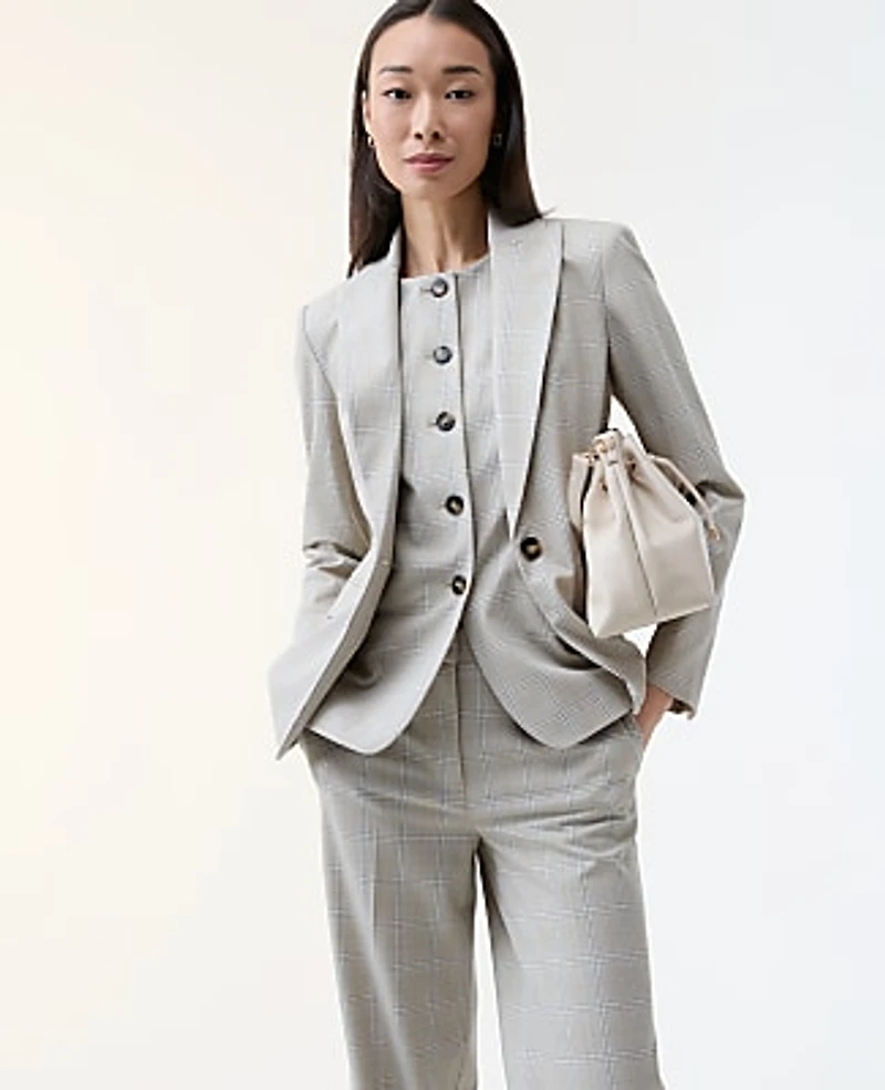 Ann Taylor The Petite Fitted Blazer in Plaid Size 8 Tan/Blue Combo Women's