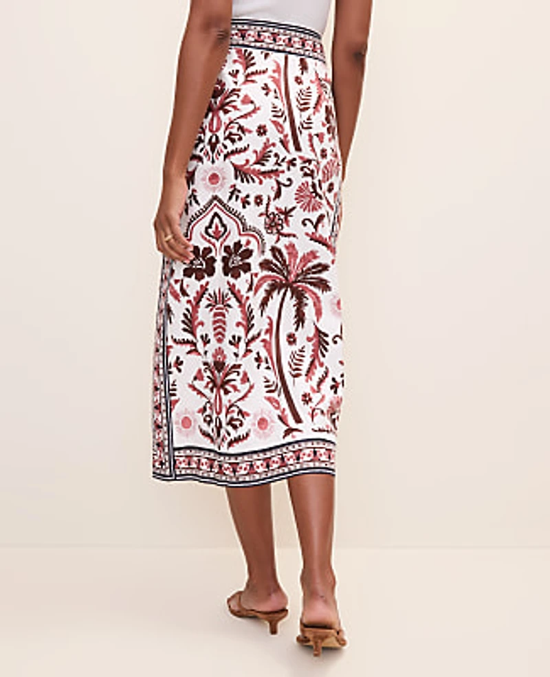 Ann Taylor Weekend Palm Print Wrap Skirt Linen Blend Rich Walnut Women's