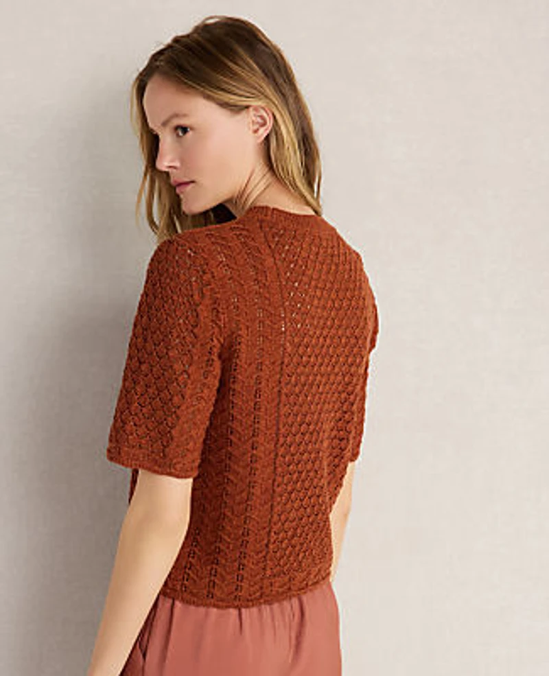 Ann Taylor Haven Well Within Organic Cotton Linen Pointelle Short Sleeve Sweater Pumpkin Spice Women's