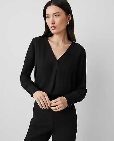 Ann Taylor Petite Mixed Media Pleat Front Top Black Women's