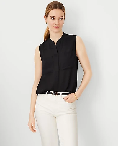 Ann Taylor Petite Sleeveless Camp Shirt Size Small Black Women's