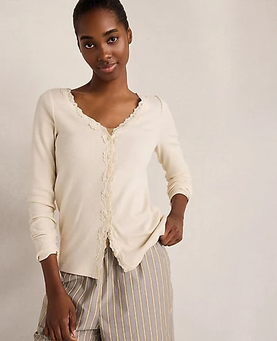 Ann Taylor Haven Well Within Resti Organic Cotton Rib Knit Lace Cardigan Sandstone Women's