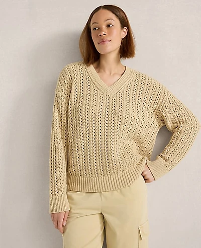 Ann Taylor Haven Well Within Textured Cotton Blend V-Neck Sweater Cortado Women's