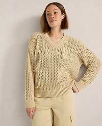 Ann Taylor Haven Well Within Textured Cotton Blend V-Neck Sweater Cortado Women's