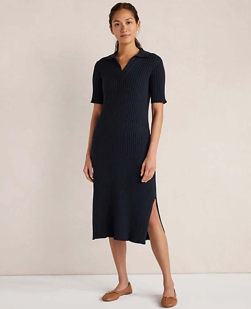 Ann Taylor Haven Well Within Organic Cotton Ribbed Midi Dress Nightfall Wash Women's