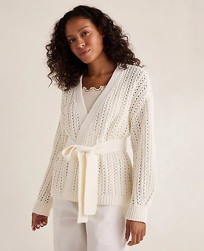 Ann Taylor Haven Well Within Textured Cotton Blend Belted Cardigan Ivory Women's