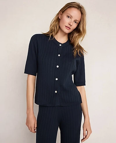 Ann Taylor Haven Well Within Organic Cotton Ribbed Short Sleeve Sweater Nightfall Wash Women's