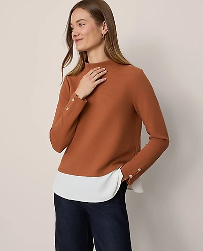 Ann Taylor Petite Mixed Media Mock Neck Top Size 2XS Spiced Cider Women's