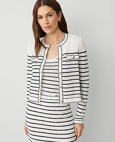Ann Taylor Textured Striped Pocket Cardigan White/Black Multi Women's
