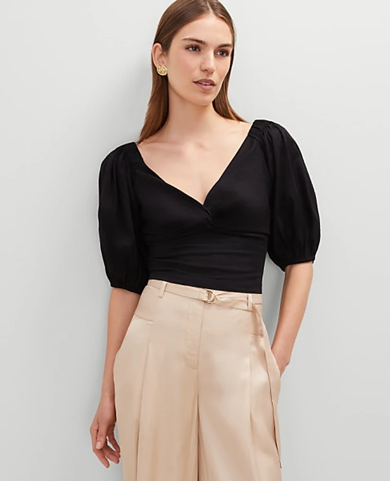 Ann Taylor Linen Blend Knotted Tie Back Blouse Size Small Black Women's
