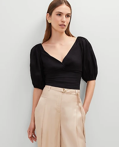 Ann Taylor Linen Blend Knotted Tie Back Blouse Size Small Black Women's