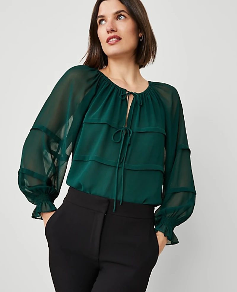 Ann Taylor Tie Neck Ruffle Blouse Rainforest Women's