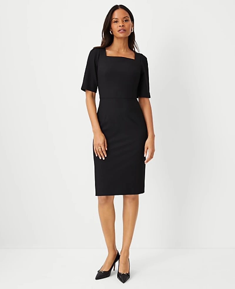 Ann Taylor The Petite Elbow Sleeve Square Neck Dress Seasonless Stretch — Curvy Fit Women's