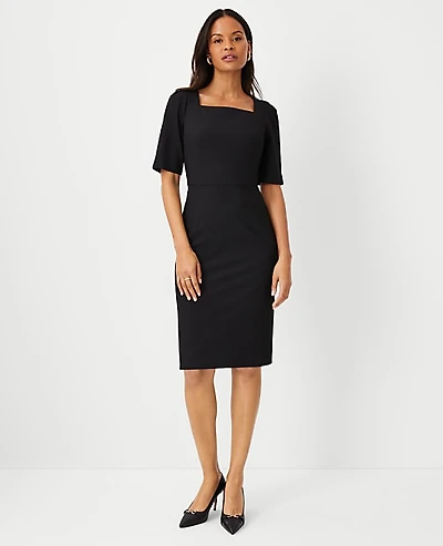 Ann Taylor The Petite Elbow Sleeve Square Neck Dress Seasonless Stretch — Curvy Fit Women's