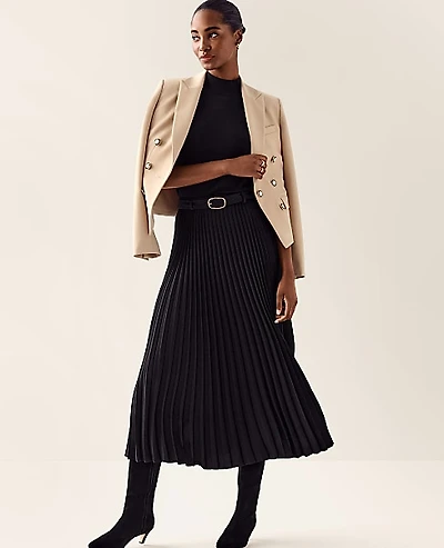 Ann Taylor Belted Pleated Midi Skirt Size 14 Black Women's