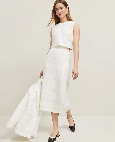 Ann Taylor The Clean Midi Skirt in Windowpane Linen Blend Size 4 White/Black Multi Women's