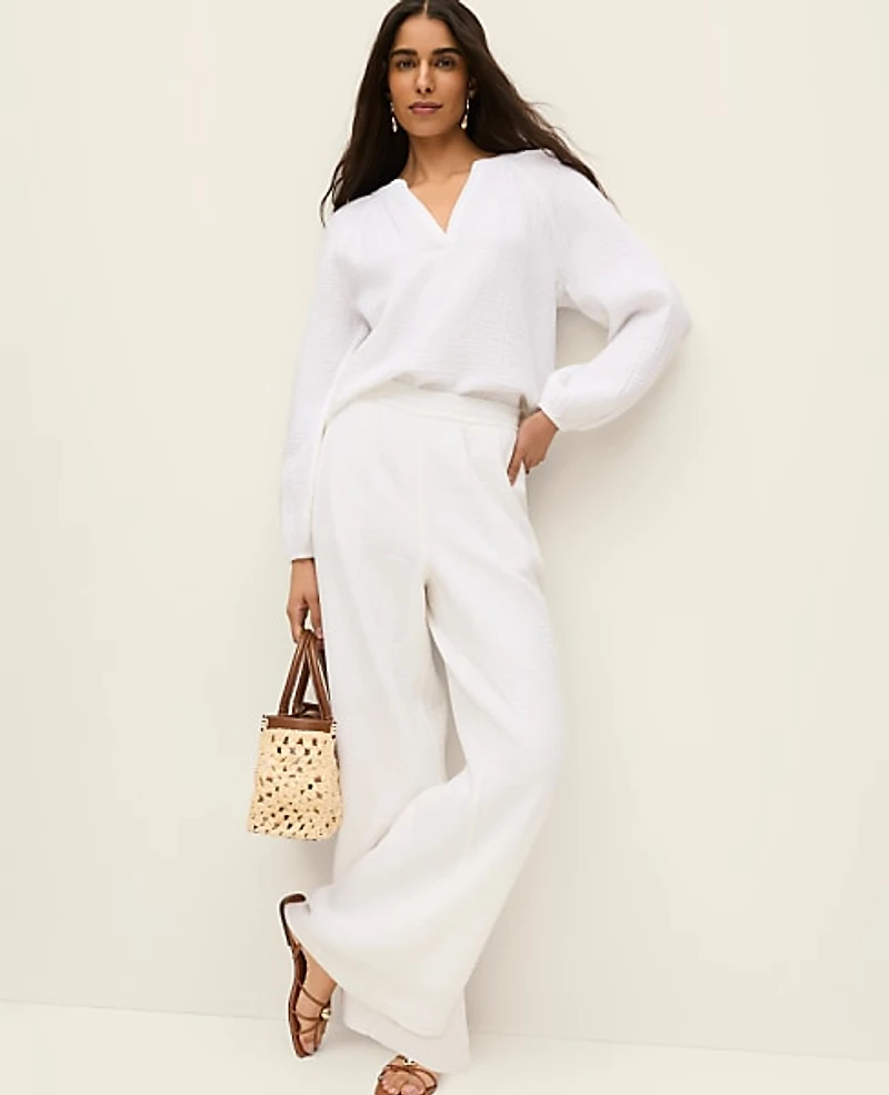 Ann Taylor The Easy Fit Wide-Leg Pant Cotton Gauze White Women's