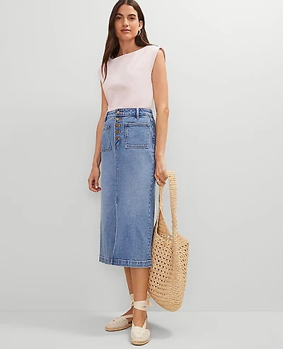 Ann Taylor Weekend Collection Patch Pocket Denim Midi Skirt Size 6 Bright Mid Indigo Wash Women's