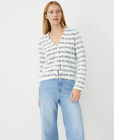 Ann Taylor Petite Tweedy V-Neck Sweater Jacket White Multi Women's