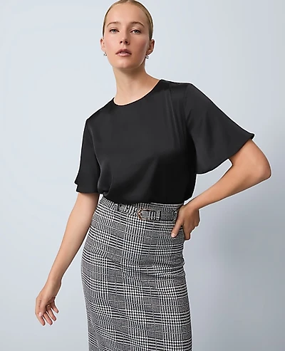 Ann Taylor Satin Flutter Sleeve Top Black Women's