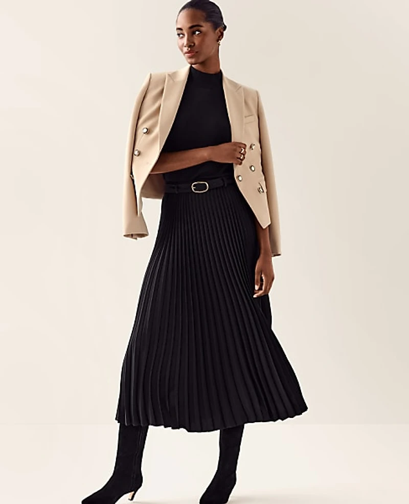 Ann Taylor Petite Belted Pleated Midi Skirt Size 14 Black Women's