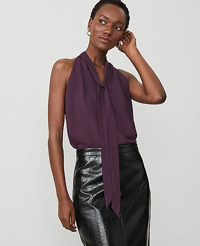 Ann Taylor Petite Tie Neck Halter Top Purple Moon Women's