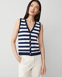 Ann Taylor Striped V-Neck Vest Night Sky Women's