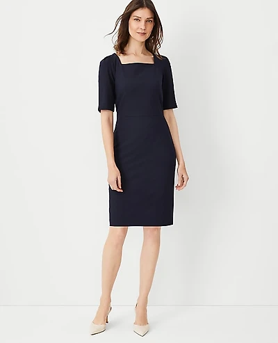 Ann Taylor The Elbow Sleeve Square Neck Dress Seasonless Stretch — Curvy Fit Women's