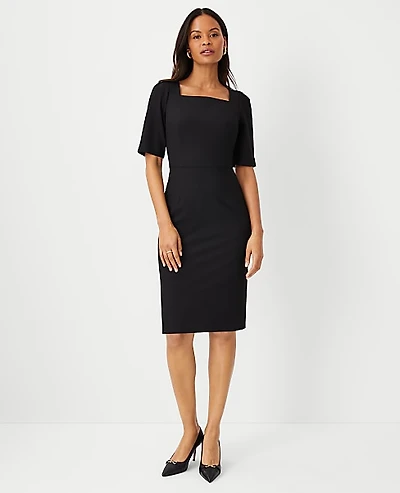 Ann Taylor The Elbow Sleeve Square Neck Dress Seasonless Stretch — Curvy Fit Women's