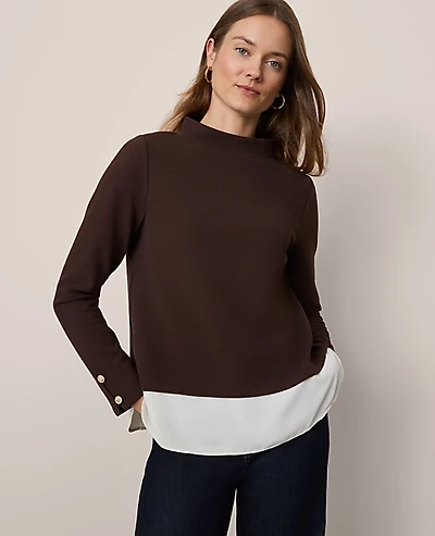 Ann Taylor Mixed Media Mock Neck Top Women's
