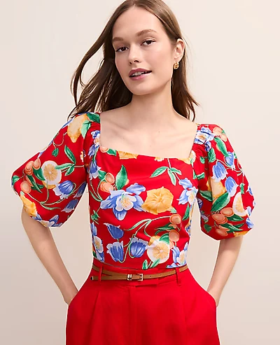 Ann Taylor Floral Puff Sleeve Blouse Bright Cherry Women's