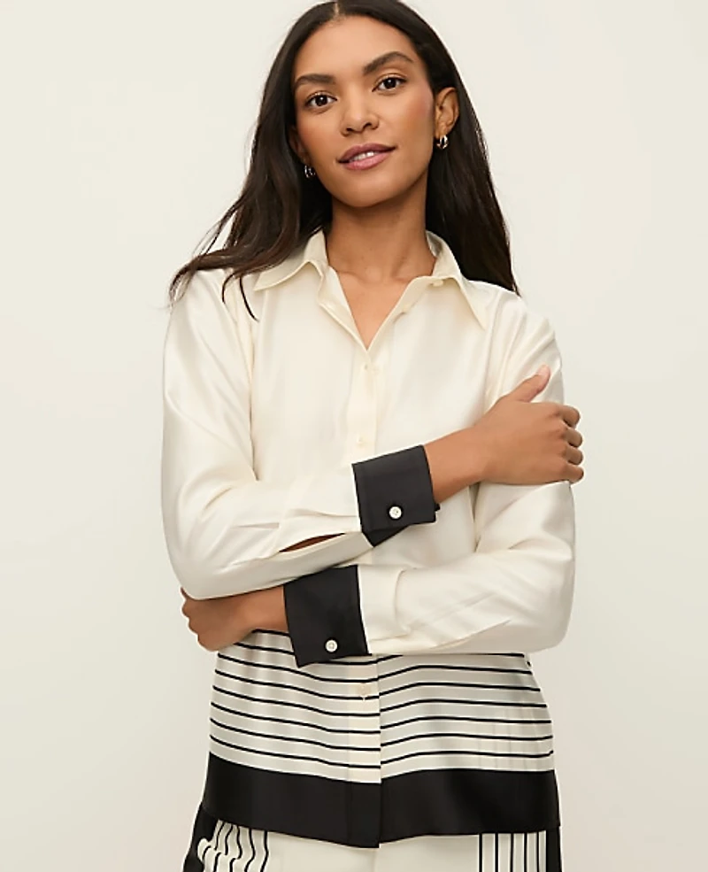 Ann Taylor Striped Satin Modern Shirt Winter White Women's