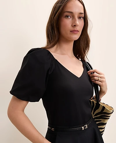 Ann Taylor Mixed Media Puff Sleeve Top Black Women's