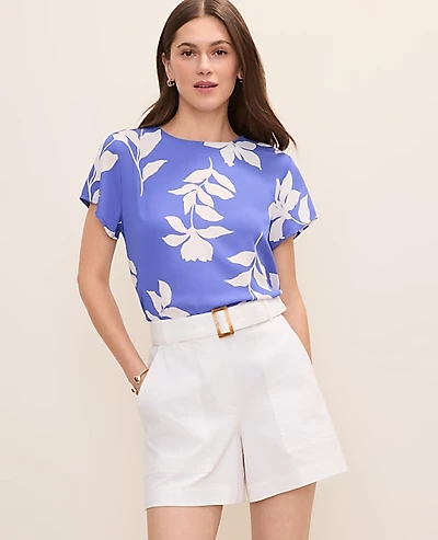 Ann Taylor Floral Crew Neck T-Shirt Dream Blue Women's