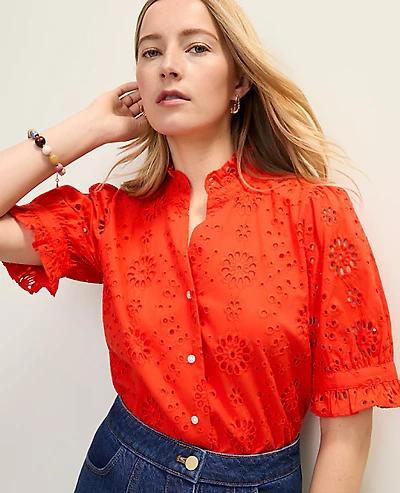 Ann Taylor Eyelet Ruffle Blouse Aperol Women's