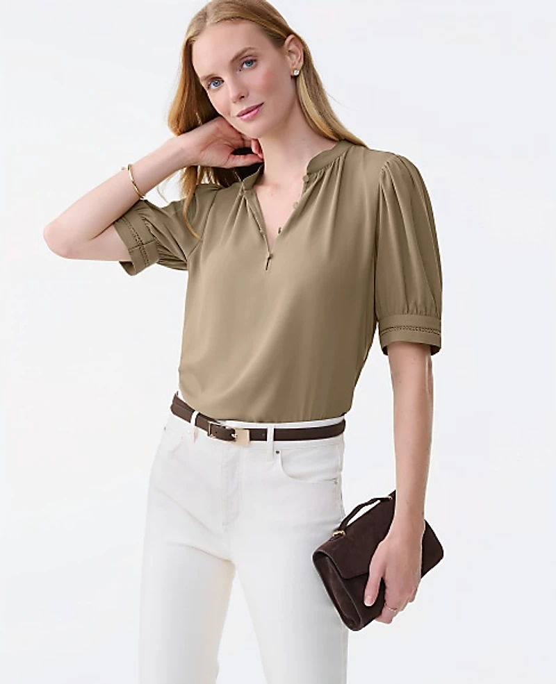 Ann Taylor Lace Trim Mixed Media Top Dried Moss Women's