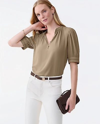 Ann Taylor Lace Trim Mixed Media Top Dried Moss Women's