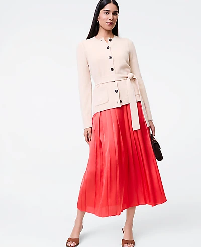 Ann Taylor Petite Satin Pleated Midi Skirt Fiery Sunset Women's