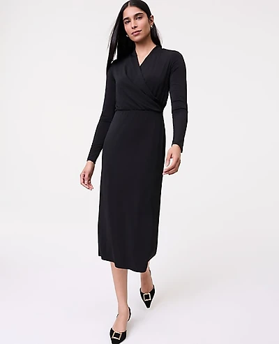 Ann Taylor Petite Draped Knit Midi Sheath Dress Size 8 Black Women's