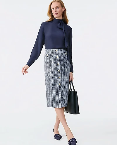 Ann Taylor Petite Tweed Button Front Pencil Skirt Size 12 Speckled Navy/White Women's