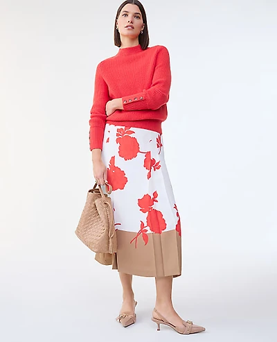 Ann Taylor Petite Floral Satin Pleated Skirt Fiery Sunset Women's