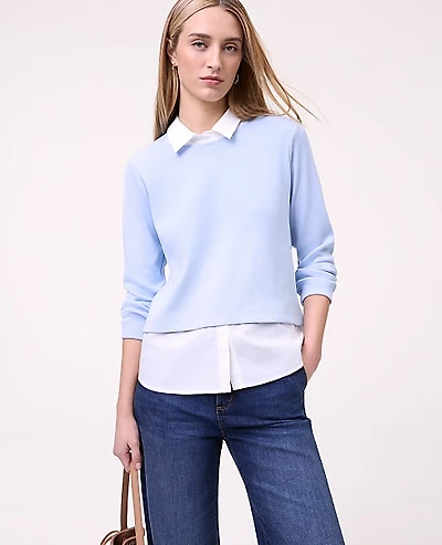 Ann Taylor Petite Weekend Layered Mix Media Top Size 2XS Cashmere Blue Women's
